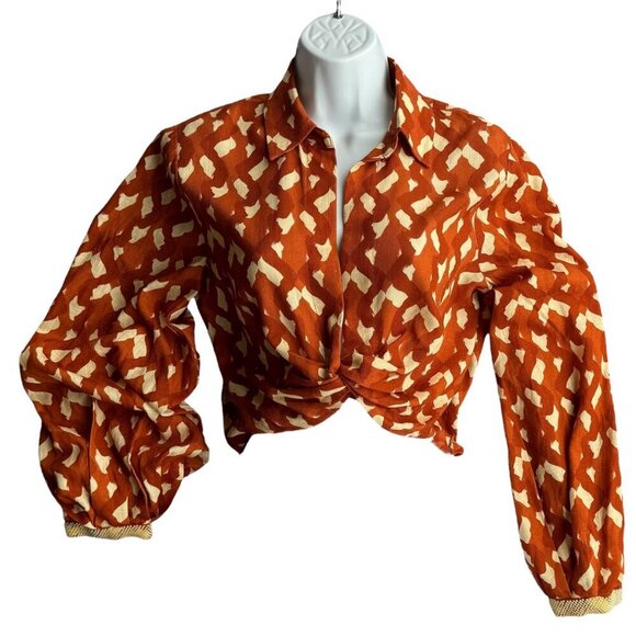 NWT Zara Midriff Crop Tie Top Blouse Linen Blend Size XS Printed Beaded - Picture 2 of 10